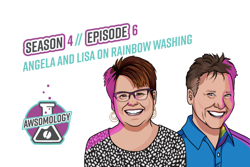 Awsomology Podcast Logo with guests Angela and Lisa